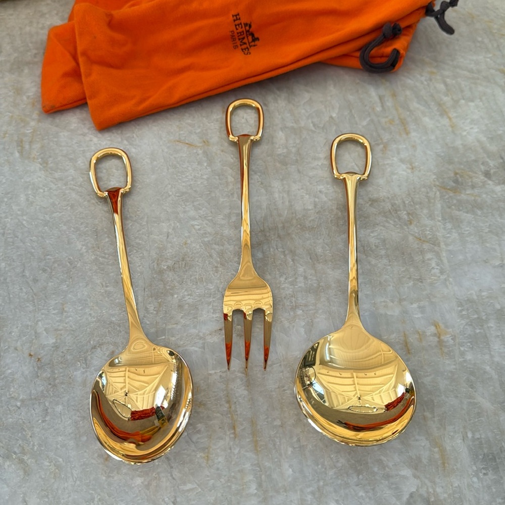 Hermes Grand Attelage Gold Plated Serving Set - Serving Spoon/Fork, Salad Spoon